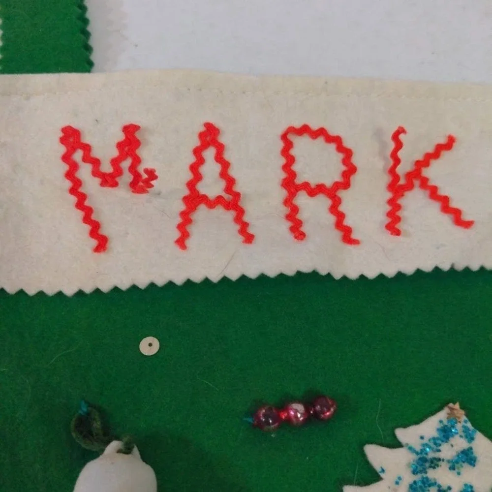 Vintage Handmade Green Felt Christmas Stocking Mark Snowman Star Bell
